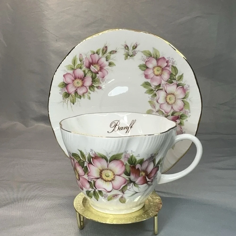 Queen's‎ Prairie Rose Tea Cup and Saucer Banff Alberta England Bone China